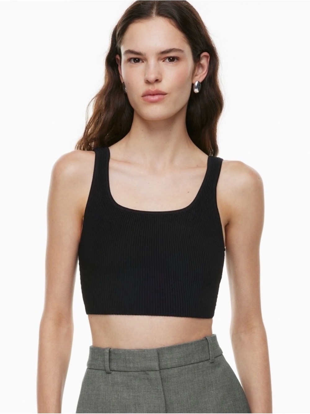 Babaton Black Ribbed Square-Neck Crop Tank